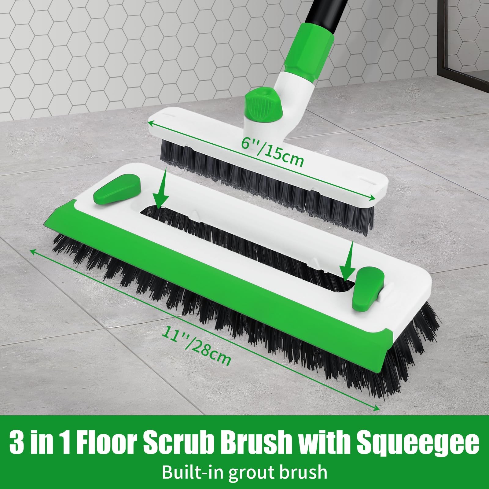 Floor Scrub Brush with Long Handle, 3-in-1 Scrape Scrubber Green