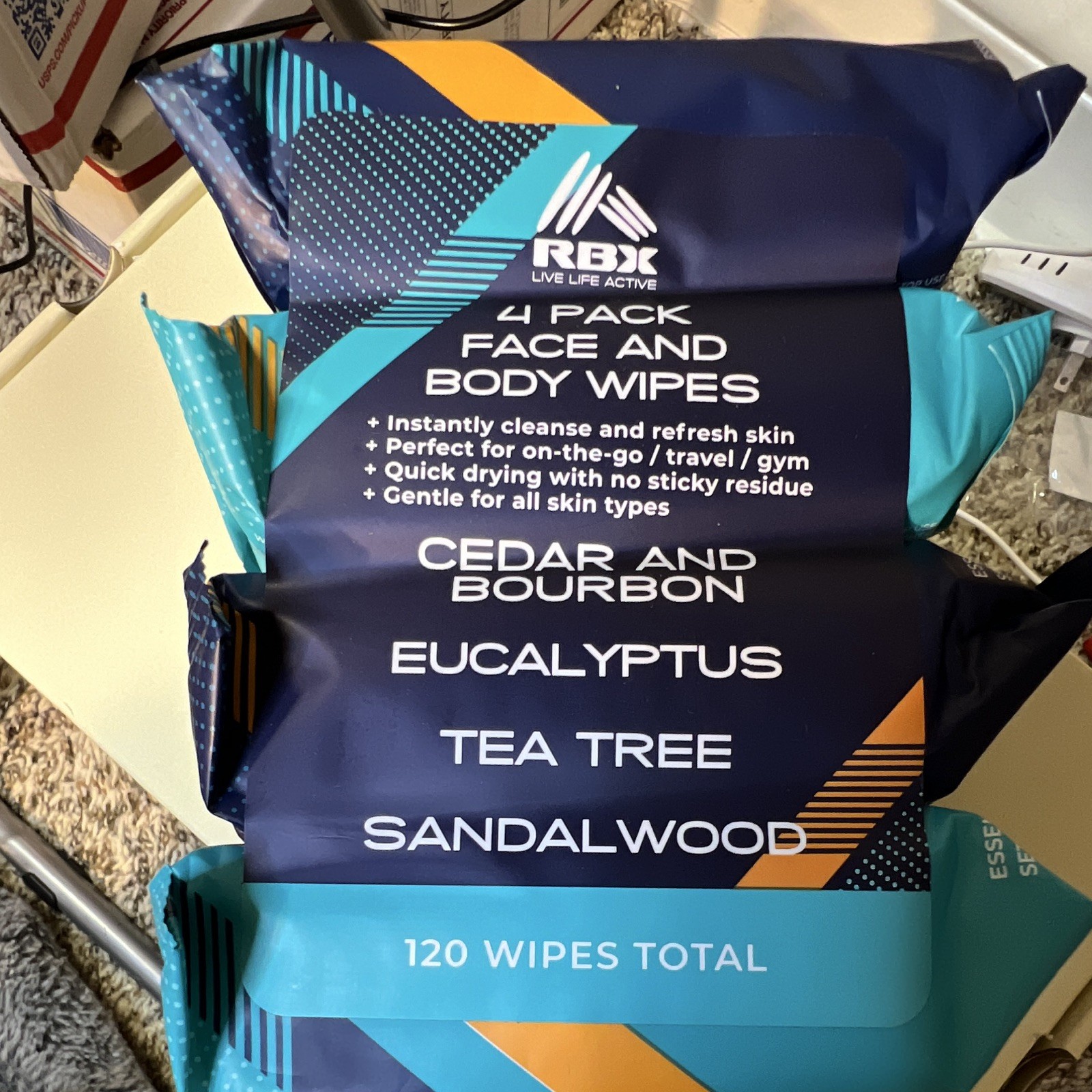 RBX 4-Pack Face & Body Wipes 120 Ct Quick Drying Cedar Bourbon Eucalyptus