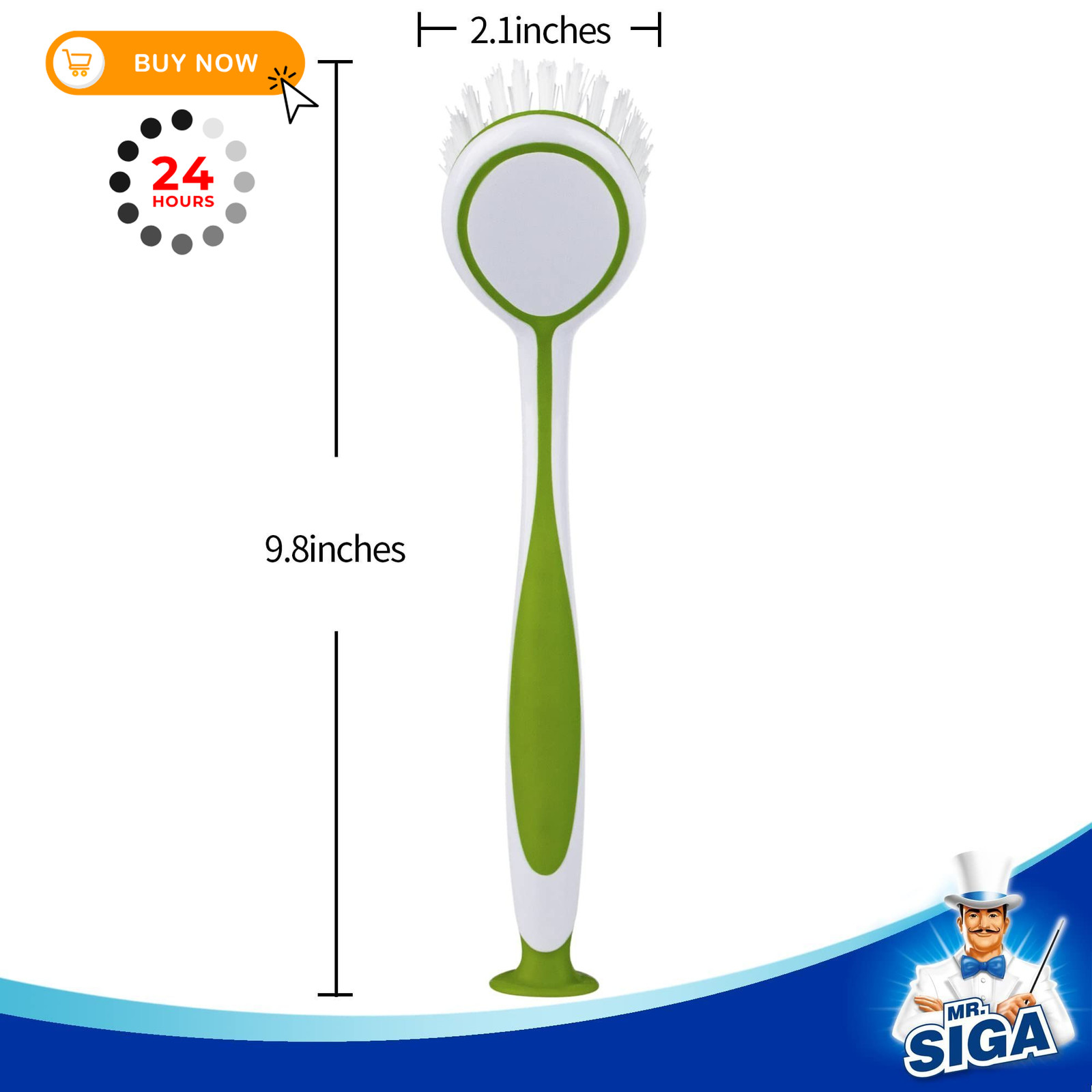 MR.SIGA Round Dish Brush, Size: Dia 6.5 X 5.5 X 25 cm, Green, Blue, Orange