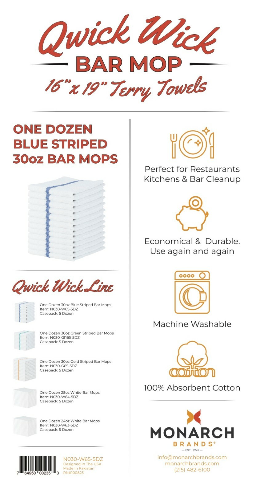 Qwick Wick Bar Mop Terry Towels – 16 x 19 Cotton Kitchen Towels – Packs of 12
