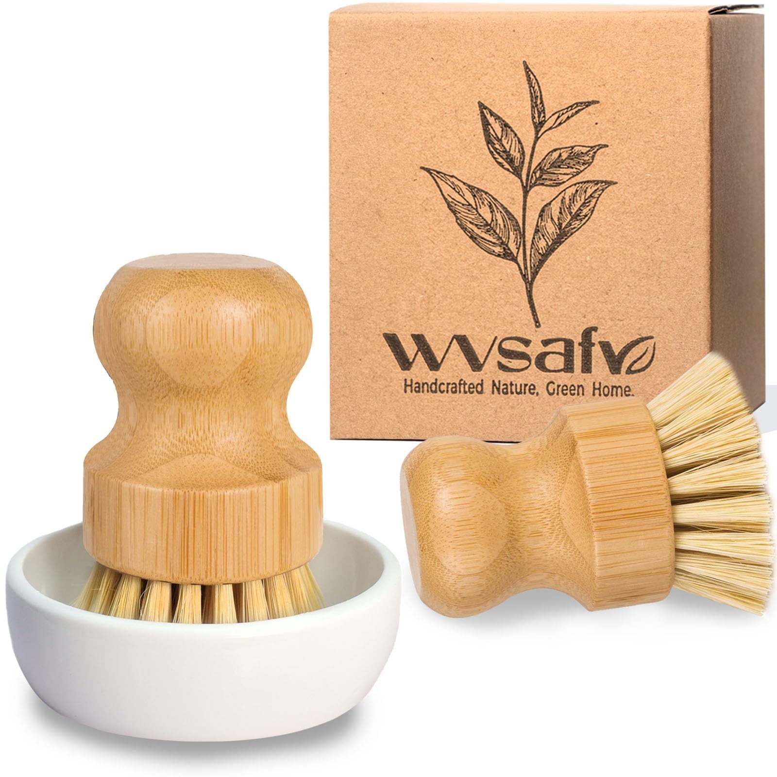 Bamboo Dish Brush, Eco Friendly Sisal Scrubber Brush with Ceramics Holder-Woo…