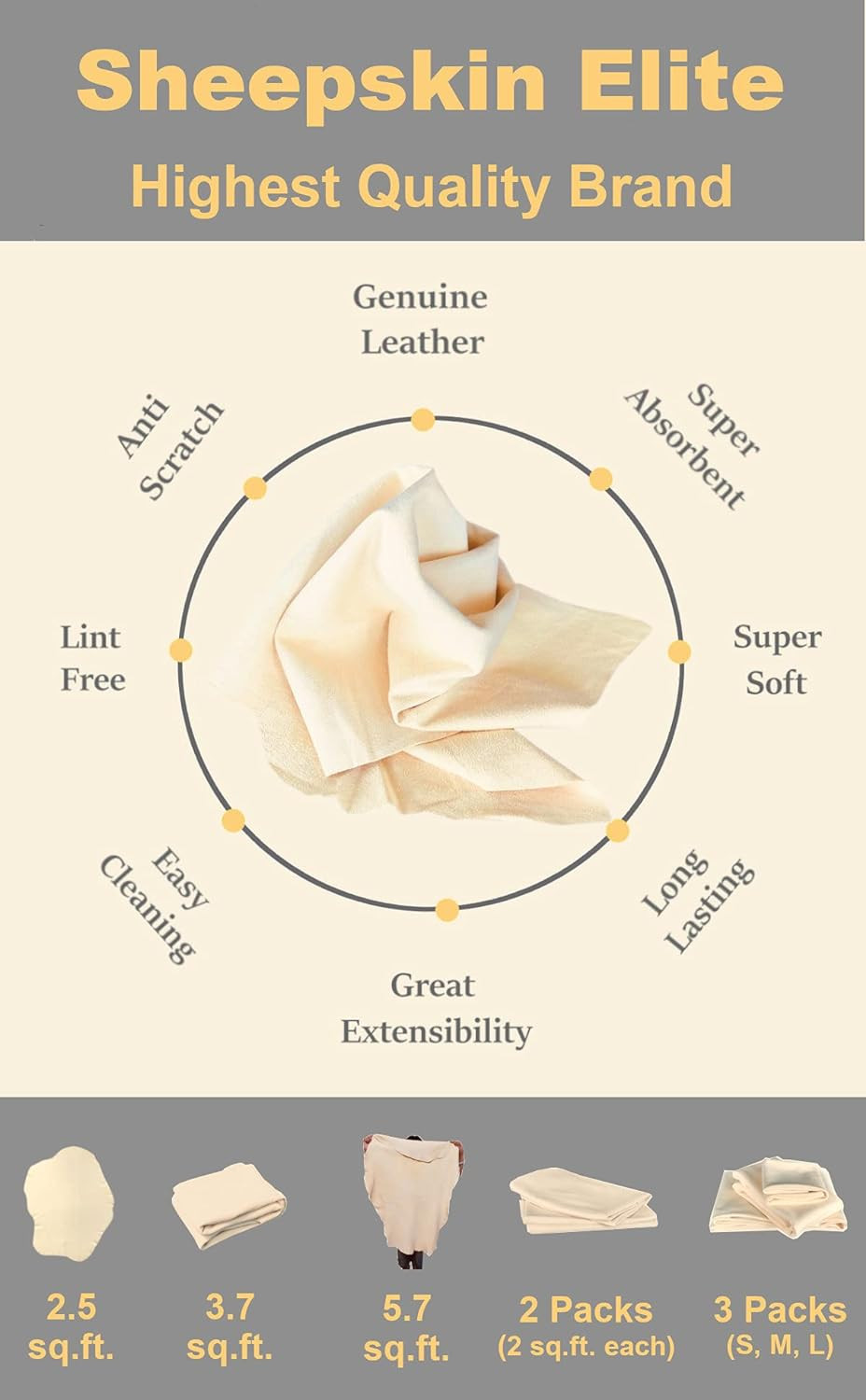 SHEEPSKIN ELITE Chamois Drying Cloth Car Drying Towel Real Leather Super Absorbe
