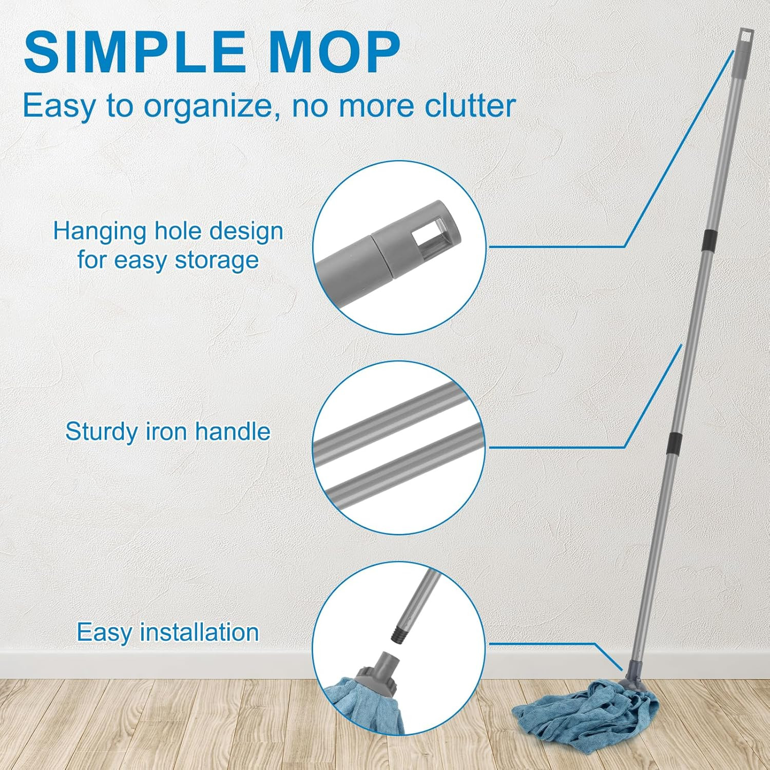Kefanta Mops for Floor Cleaning,One Mop Handle with 2 Blue Microfiber Cloth Mops