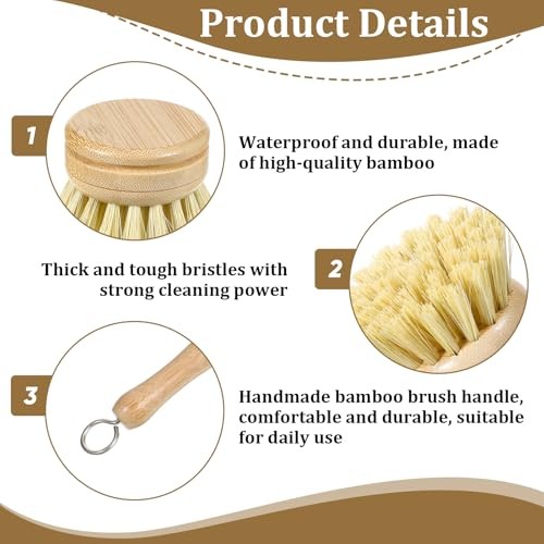 8 Pcs Bamboo Dish Brush with Handle, Natural Sisal Bristle Scrubber Includes 7