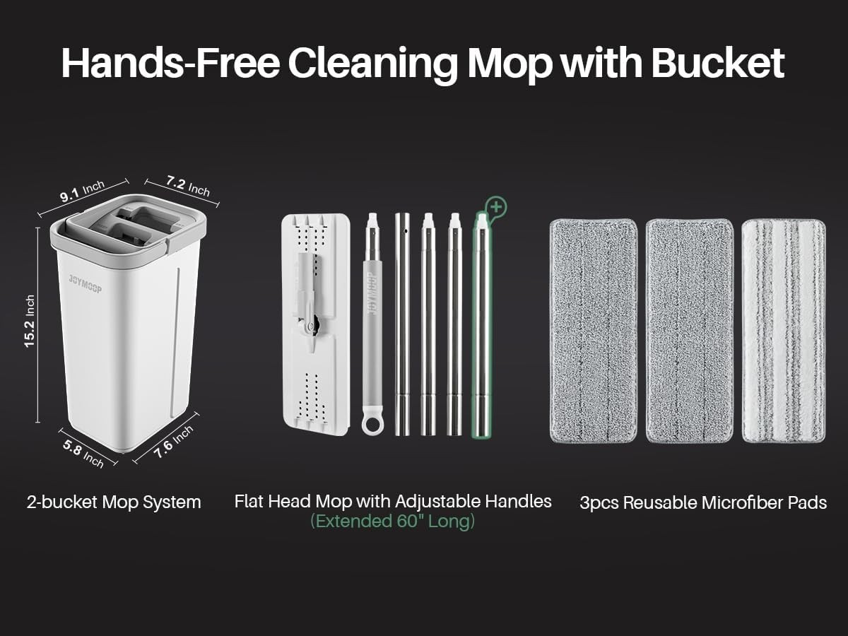 Flat Mop System with Wringer Bucket, White, Microfiber Floor Cleaning Set for…
