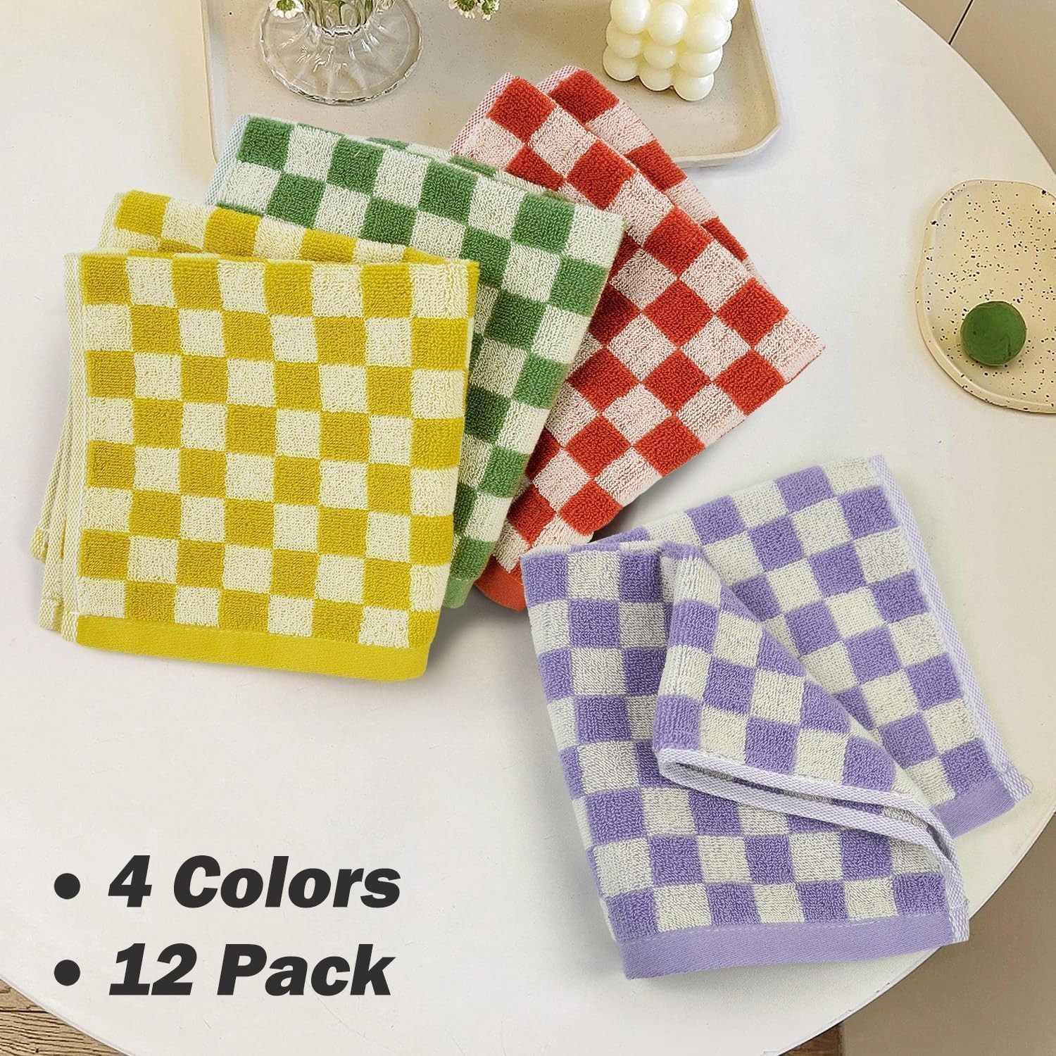 Washcloths 12 Pack Checkered – Wash Cloths for Showering (13″x13″) in 4 Colors,