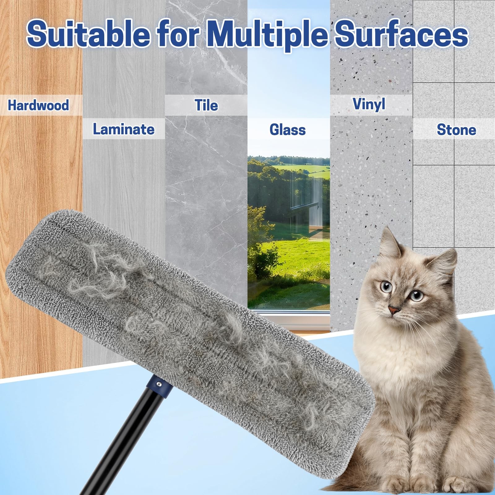 BUVE Microfiber Flat Mop for Hardwood Floors Cleaning 17IN, Blue