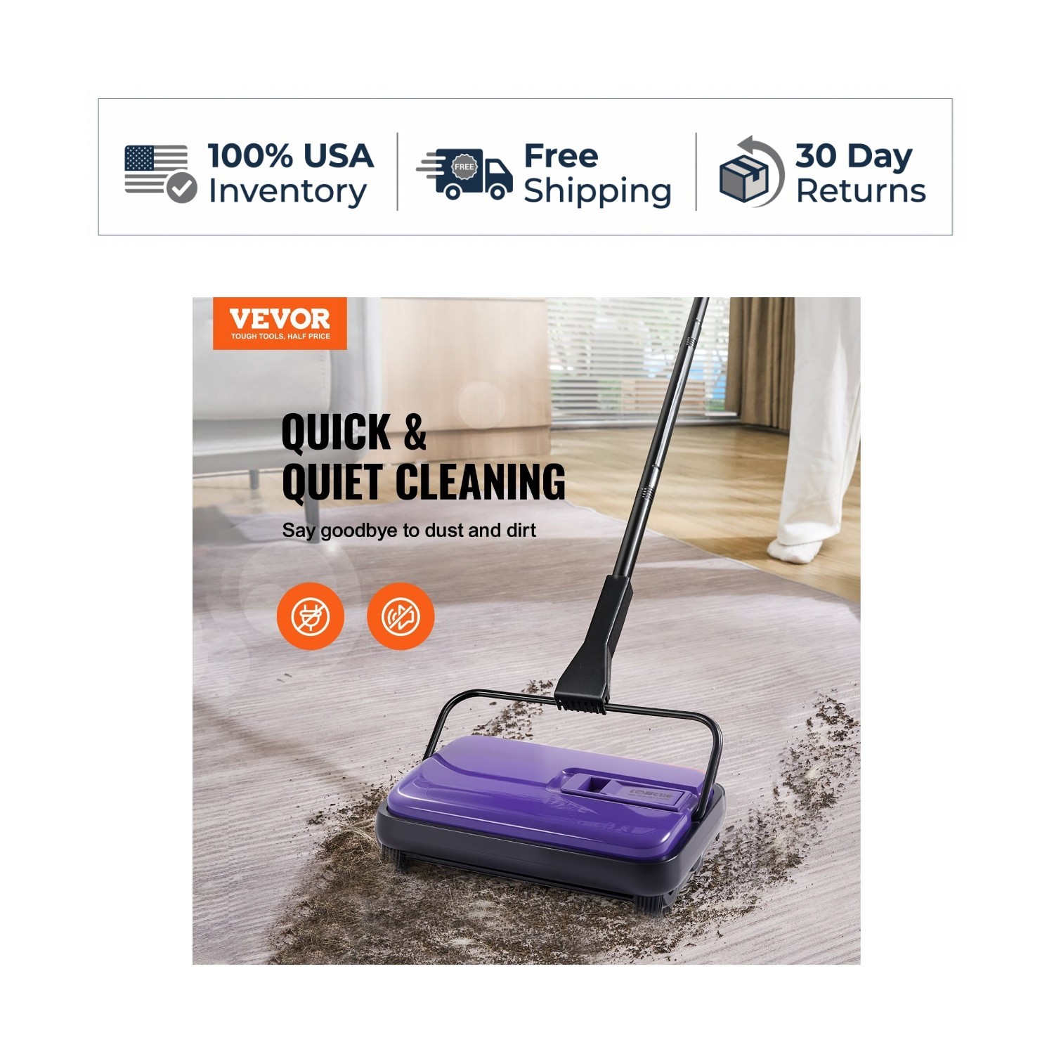 VEVOR FD-13 Manual Carpet Floor Sweeper 300ml Dustbin Purple