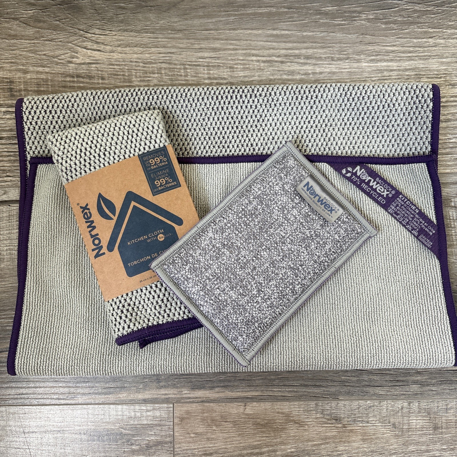 NEW Norwex Baclock Kitchen Towel, Cloth, And Sponge Gray And Purple