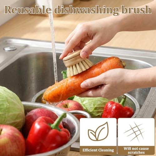 8 Pcs Bamboo Dish Brush with Handle, Natural Sisal Bristle Scrubber Includes 7
