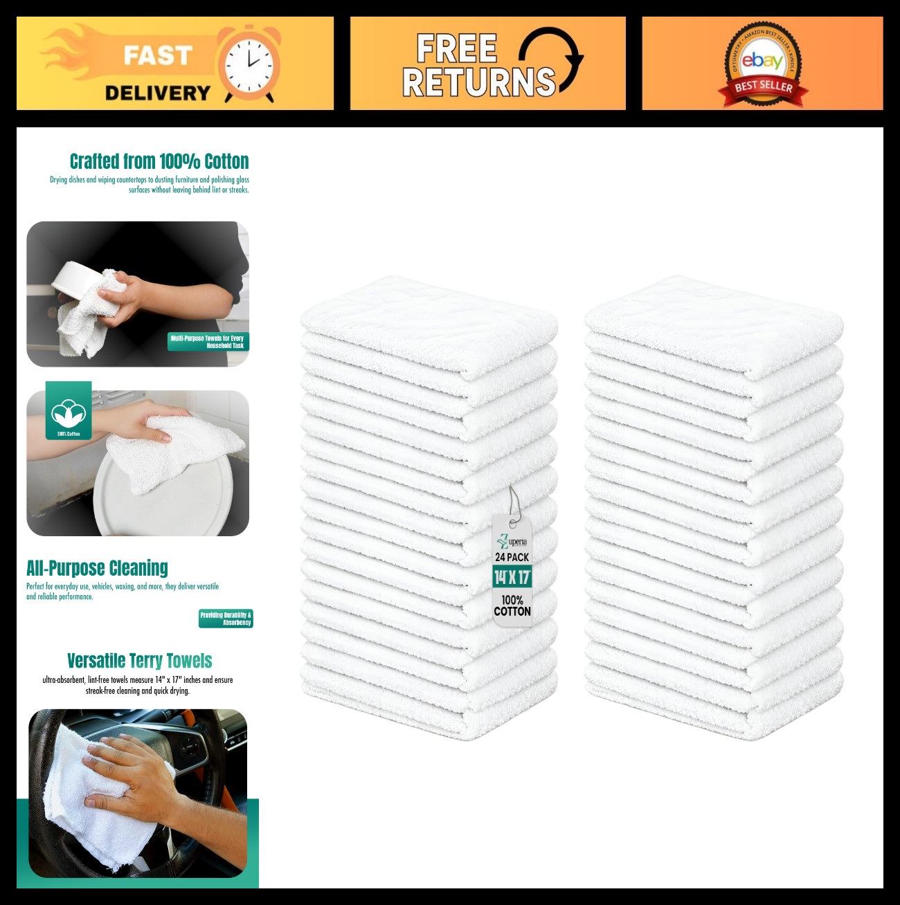 24 Pack 14″x17″ Cotton Terry Towels – Absorbent Durable Bar Rags for Home & Auto