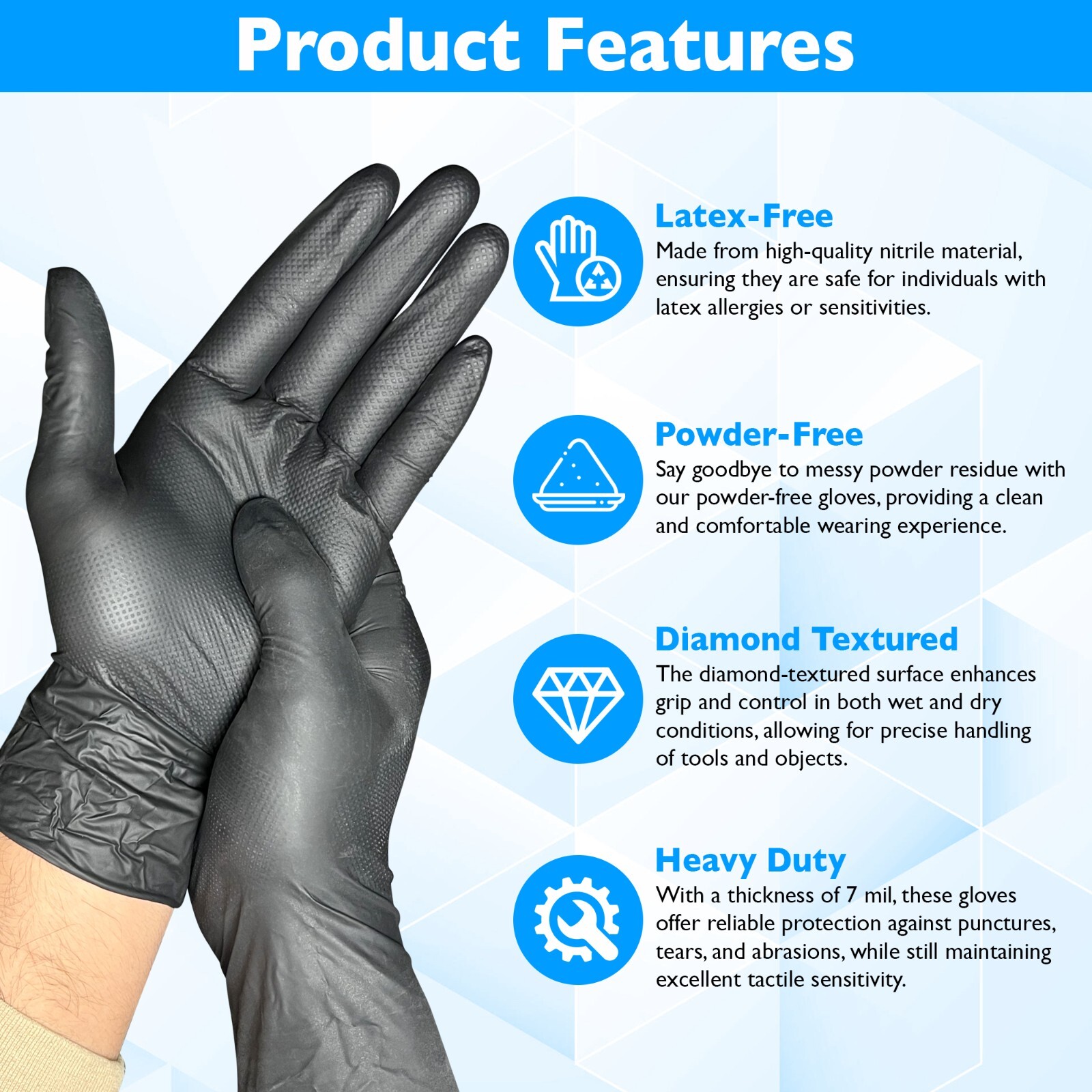 Fortify Diamond Textured Nitrile Gloves – 7mil Heavy Duty, foodsafe (L) Black