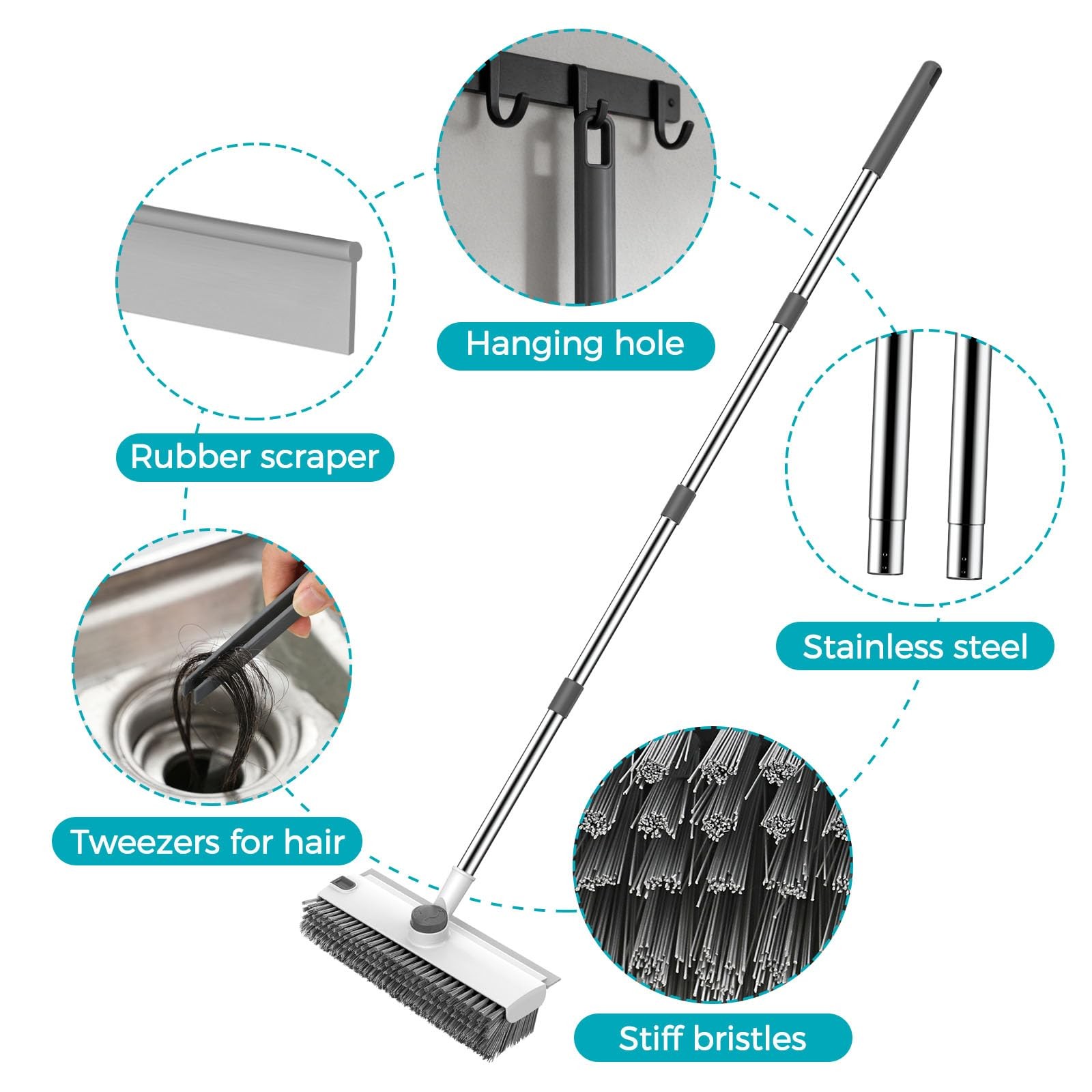 SetSail Floor Scrub Brush, 3 in 1 Brush with 54-in Grey White