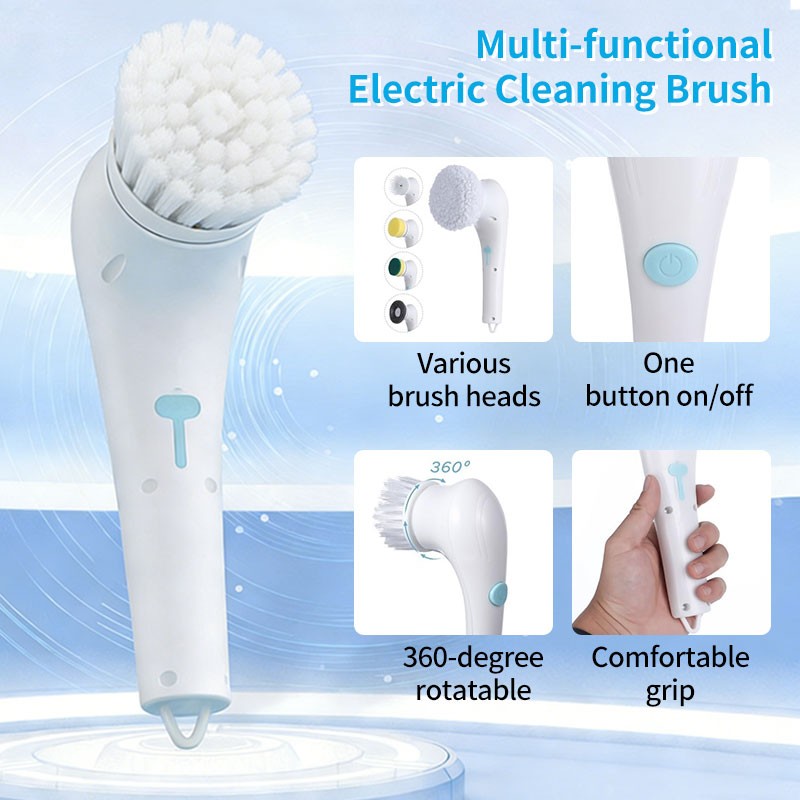 Electric Spin Scrubber Cordless 5 Heads for Bathroom Kitchen Tile Car White US