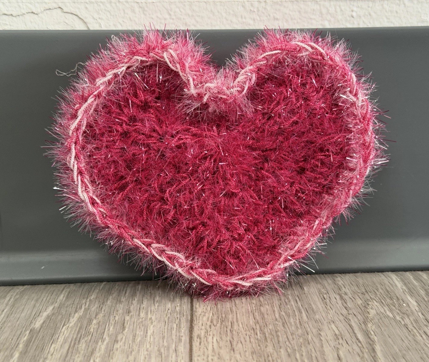 Handmade Dish Scrubber Silver Sparkle Heart Shape Non-Scratch Scrubby 3.75”