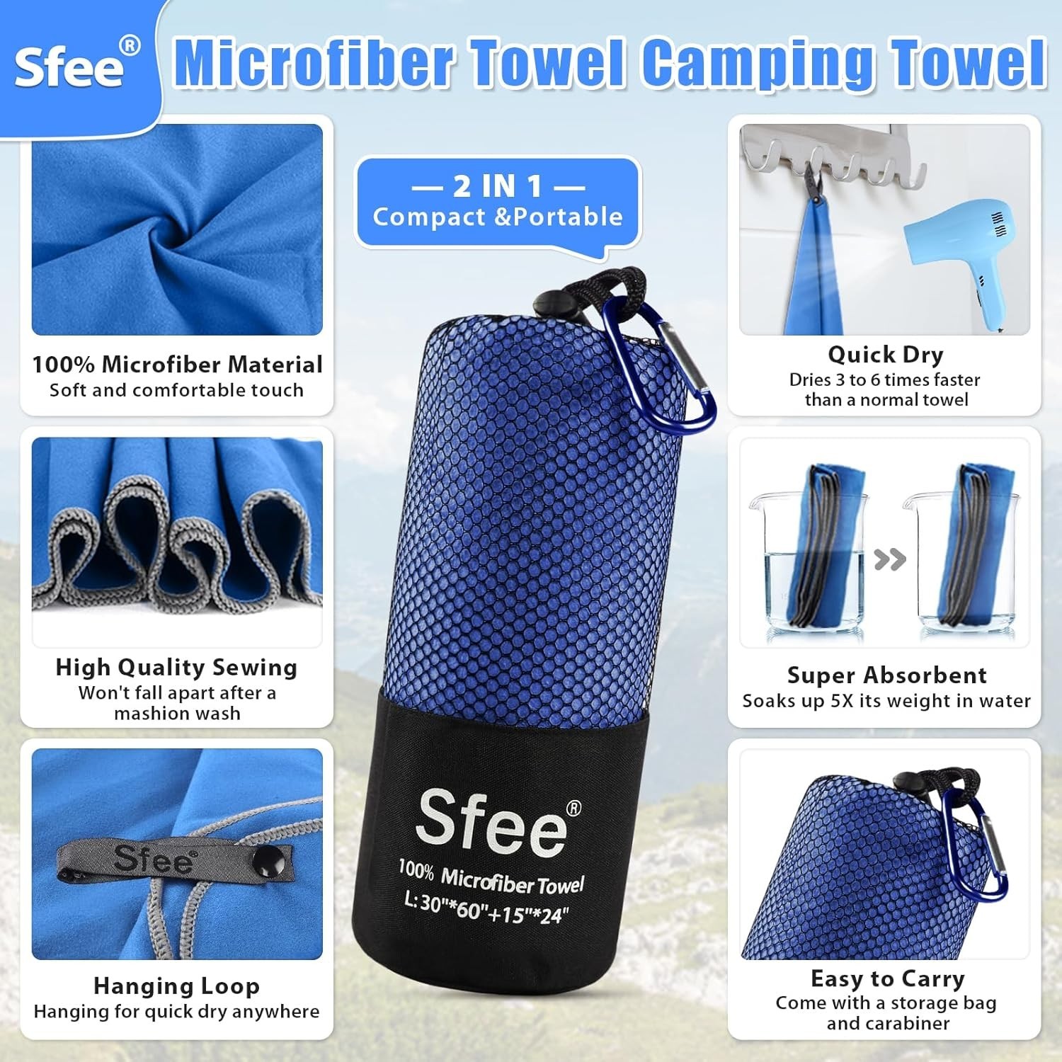 Juego de 2 Toallas de Microfibra para Viaje Acampar Secado Rapido Portatil