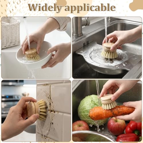 8 Pcs Bamboo Dish Brush with Handle, Natural Sisal Bristle Scrubber Includes 7