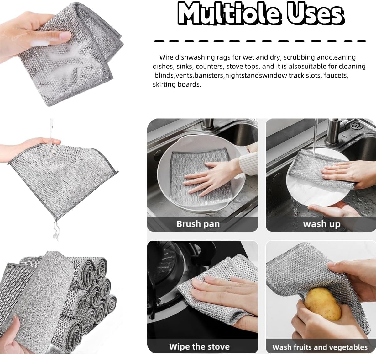12PCS Non Scratch Wire Dishcloth, Wire Dishwashing Rag,Steel Wool Scrubber，Scrub