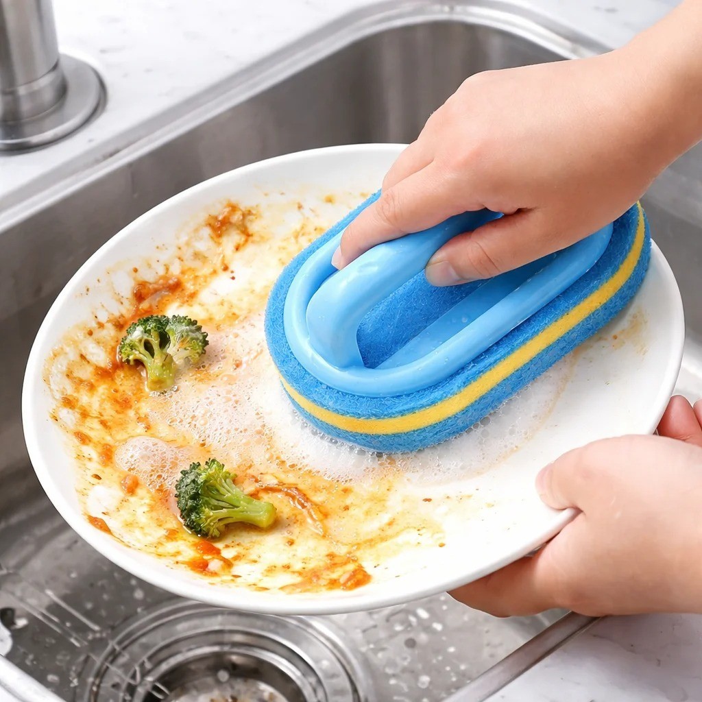 Household Cleaning Brush with Handle Dish Scrubber Kitchen Bathroom Sponge Brush