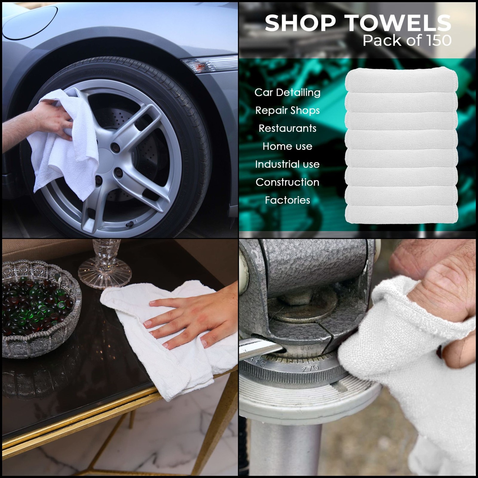 150Bulk Shop Towels 12×14 Cotton Mechanic Rags Cleaning Cloths Auto Garage White