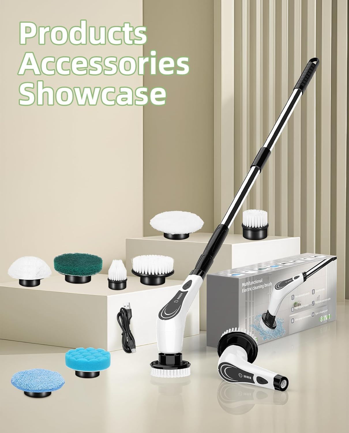 Electric Spin Scrubber Cordless 8-In-1 Power Scrubber with LED Display & Dual Sp