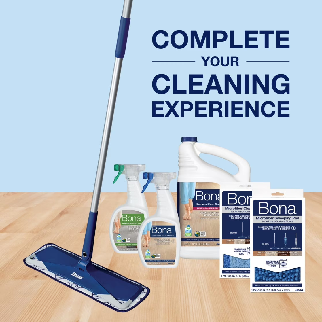 Bona Premium Multi-Surface Sweep & Clean Mop Kit, Reusable Microfiber Pads