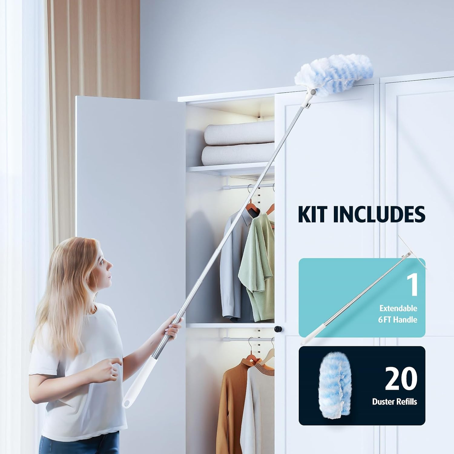 6 Ft Extendable Duster Handle with 20 Pcs, Compatible with Swiffer, Disposable M
