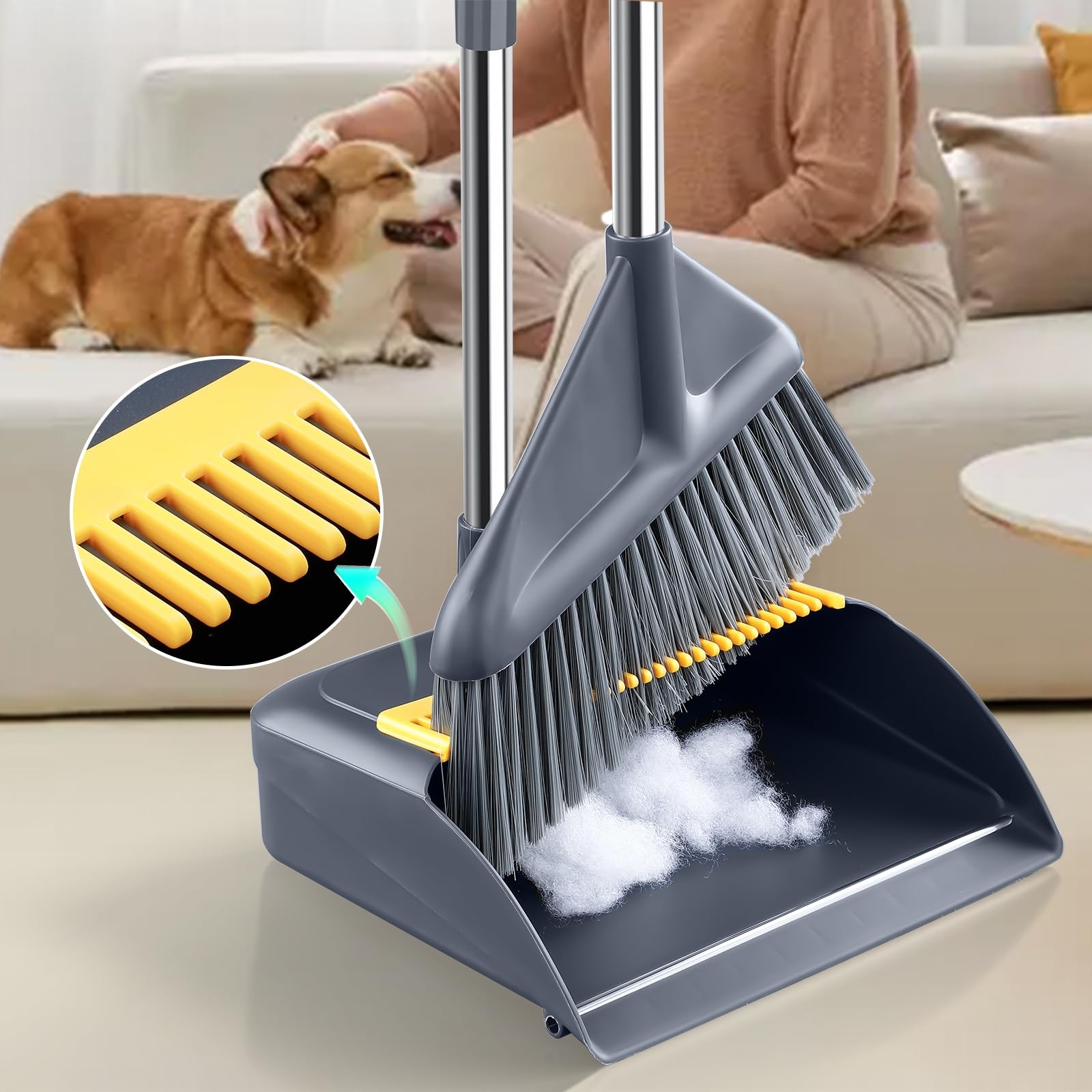 Broom and Dustpan Set for Home with 52 Inch Long Angled Handle – Stand White