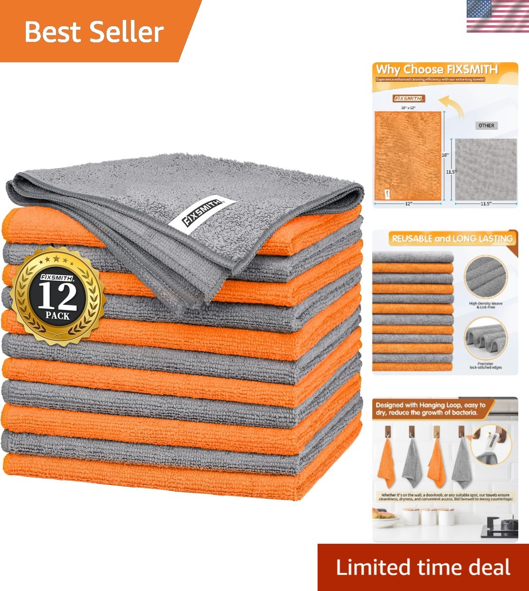 Microfiber Cleaning Cloth -Pack of 12, Highly Absorbent Cleaning RagsGrey&Ora…