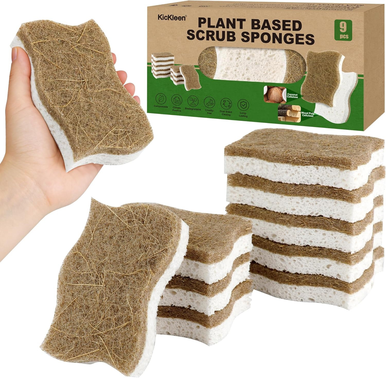 9 Pack Biodegradable Natural Kitchen Sponges – Compostable Cellulose and Coconu