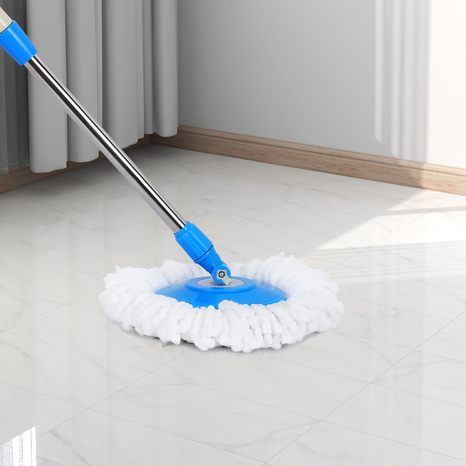 Spinning Mop Handle Replacement 360° Cleaning Tool Blue +2x Microfiber Mop Heads