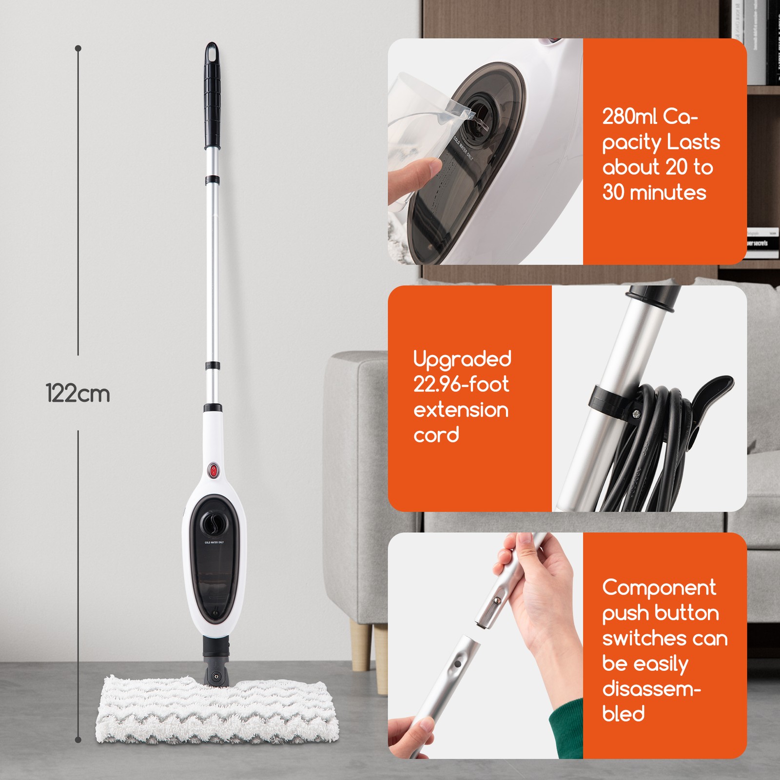 10-in-1 Steam Mop 15s Fast Heat & 270° Flip Head for Hardwood Tile & Sofa