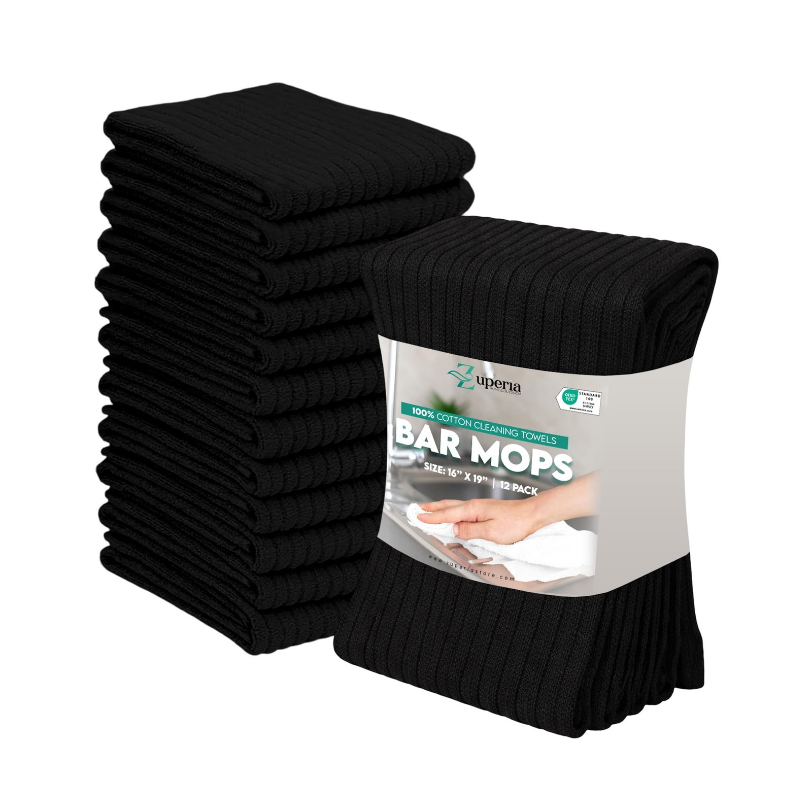 ZUPERIA Bar Mop Kitchen Towels – Pack of 12 (16″x19”) 12 16″x19″, Black