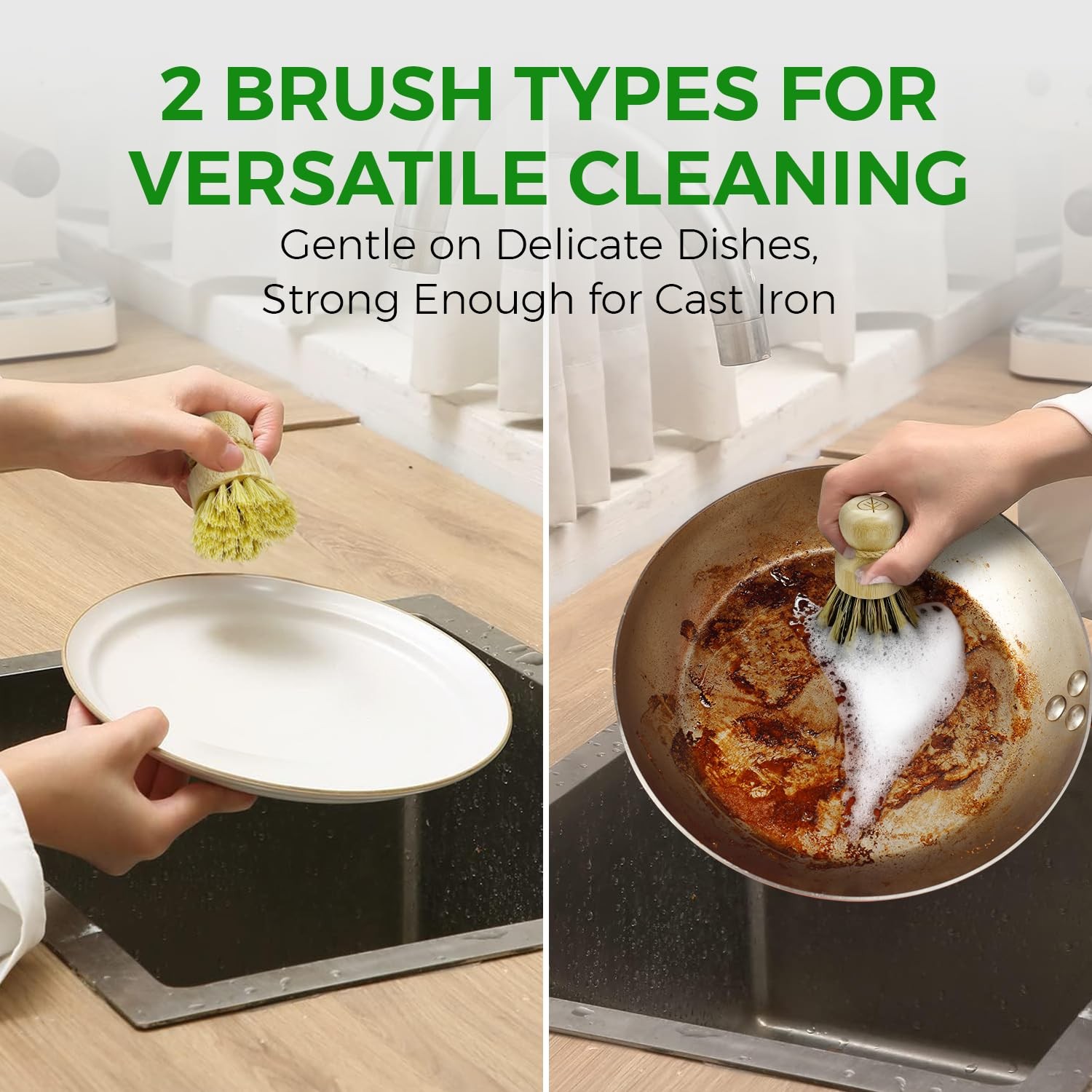AIRNEX Bamboo Dish Brush Set of 3 – Natural Wooden 3 Pack,