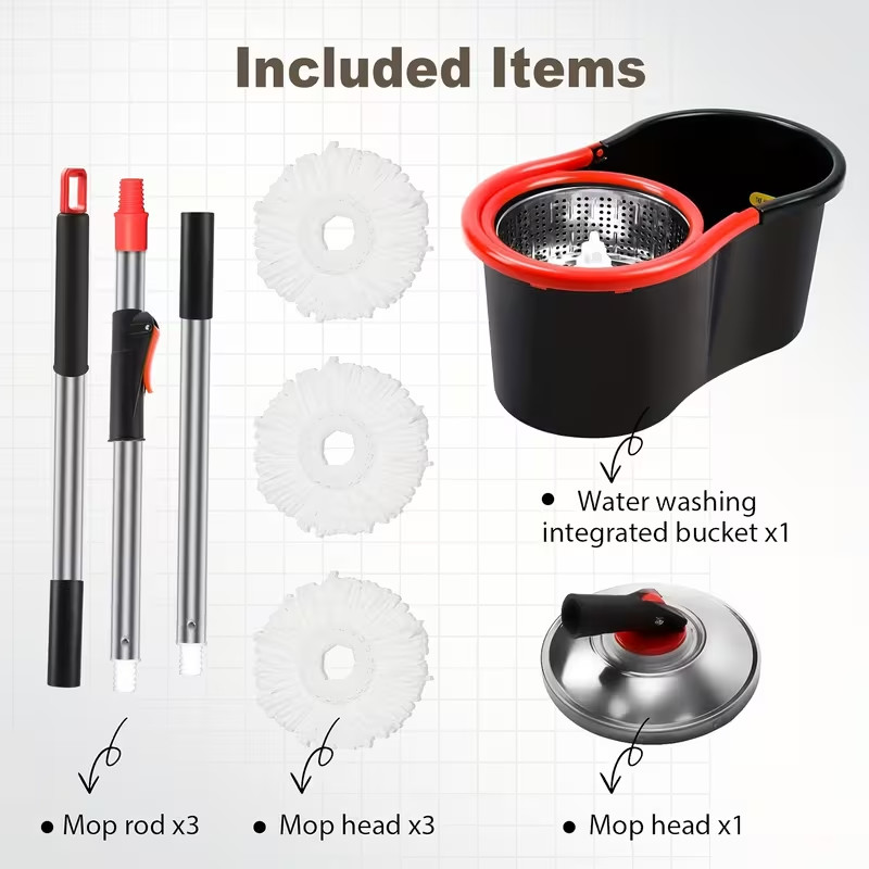 Spin Mop and Bucket with Wringer Set, 360° Spinning Mop System 3 Mop Refill