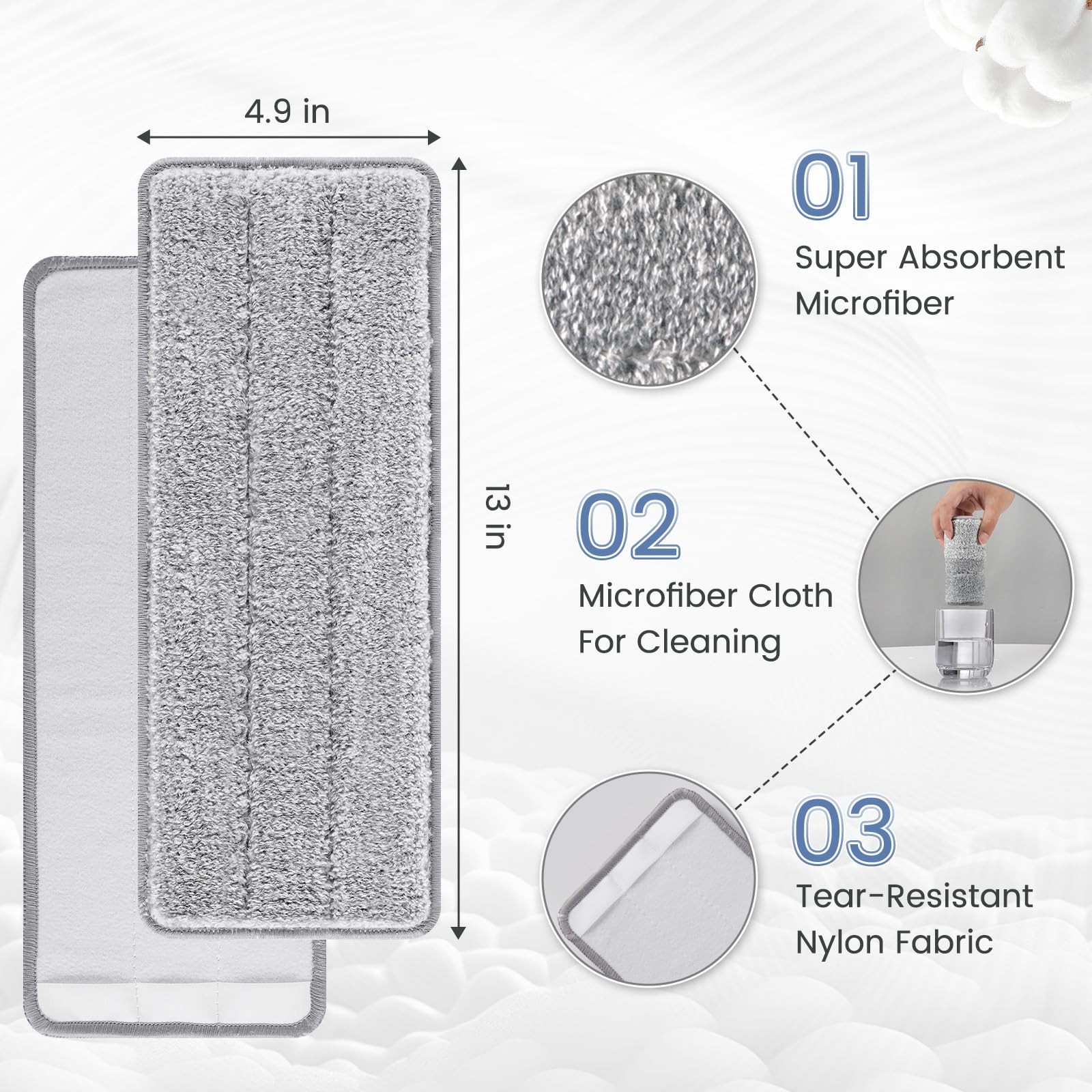 Flat Mop Head Replacement Pads Reusable Washable Squeeze Microfiber 13×4.9 In