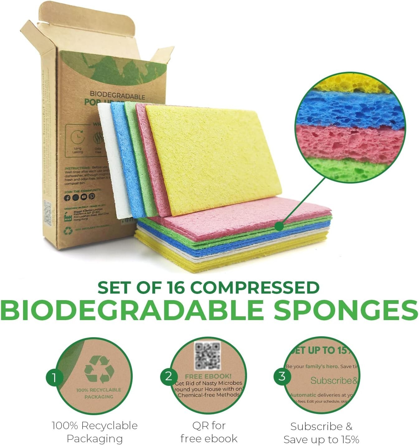 Biodegradable Cellulose Compressed Sponges – Pack of 16 Compostable Sponges K…