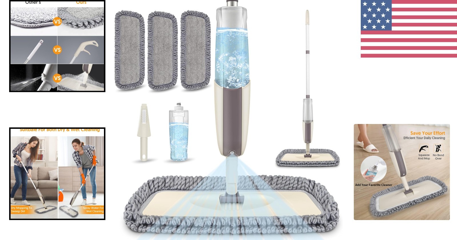 Microfiber Spray Mop for Hardwood Cleaning – 3 Reusable Pads, Lightweight Design