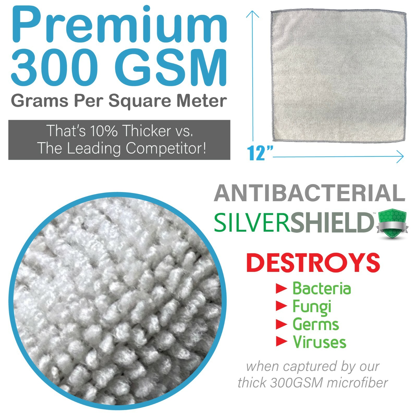 12 pack Antibacterial Silver Shield Microfiber Cloth 12″x12″ 300 GSM Odor Free!