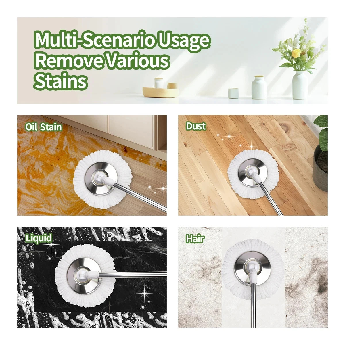 Mop Bucket Set 360° Dual-Motion Spin Mop System 3 Split-Yarn Mop Heads