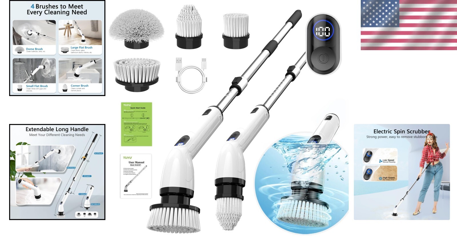 Multi-Surface Electric Scrubber Brush with LCD & 4 Brush Heads for Home Cleaning