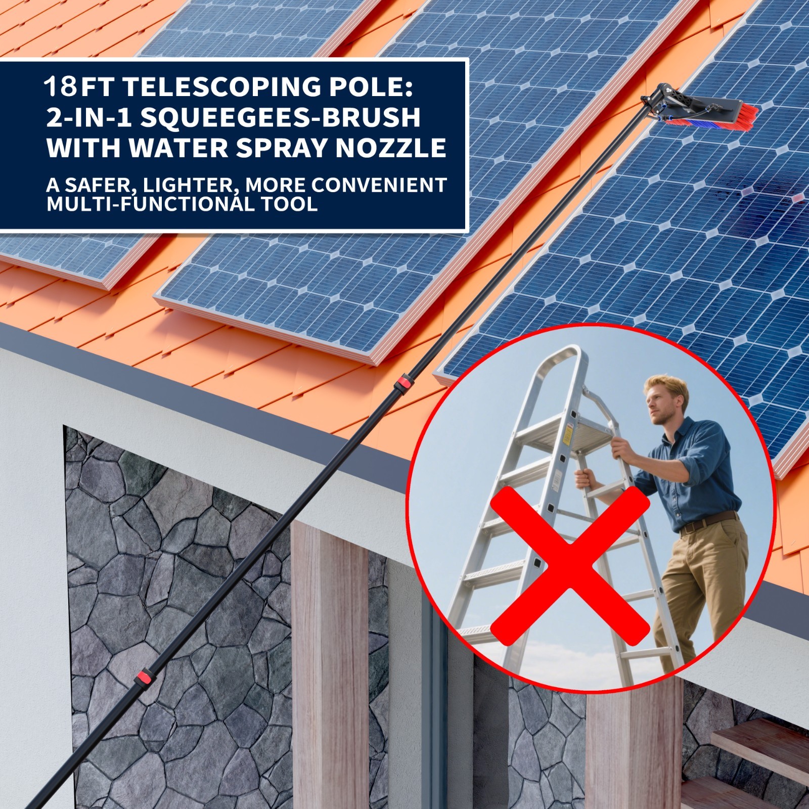 24FT Solar Panel Cleaning Brush&Squeegee Kit Proffesional Window Washing Tool