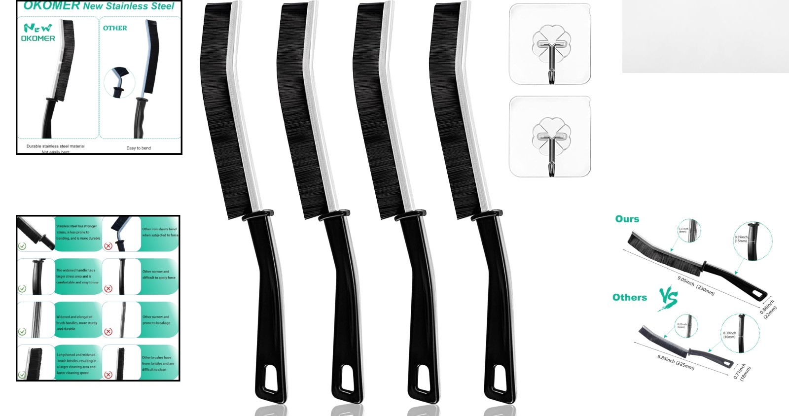 OKOM Stainless Steel Crevice Cleaning Brush – Hard Bristles for Kitchen & Bath