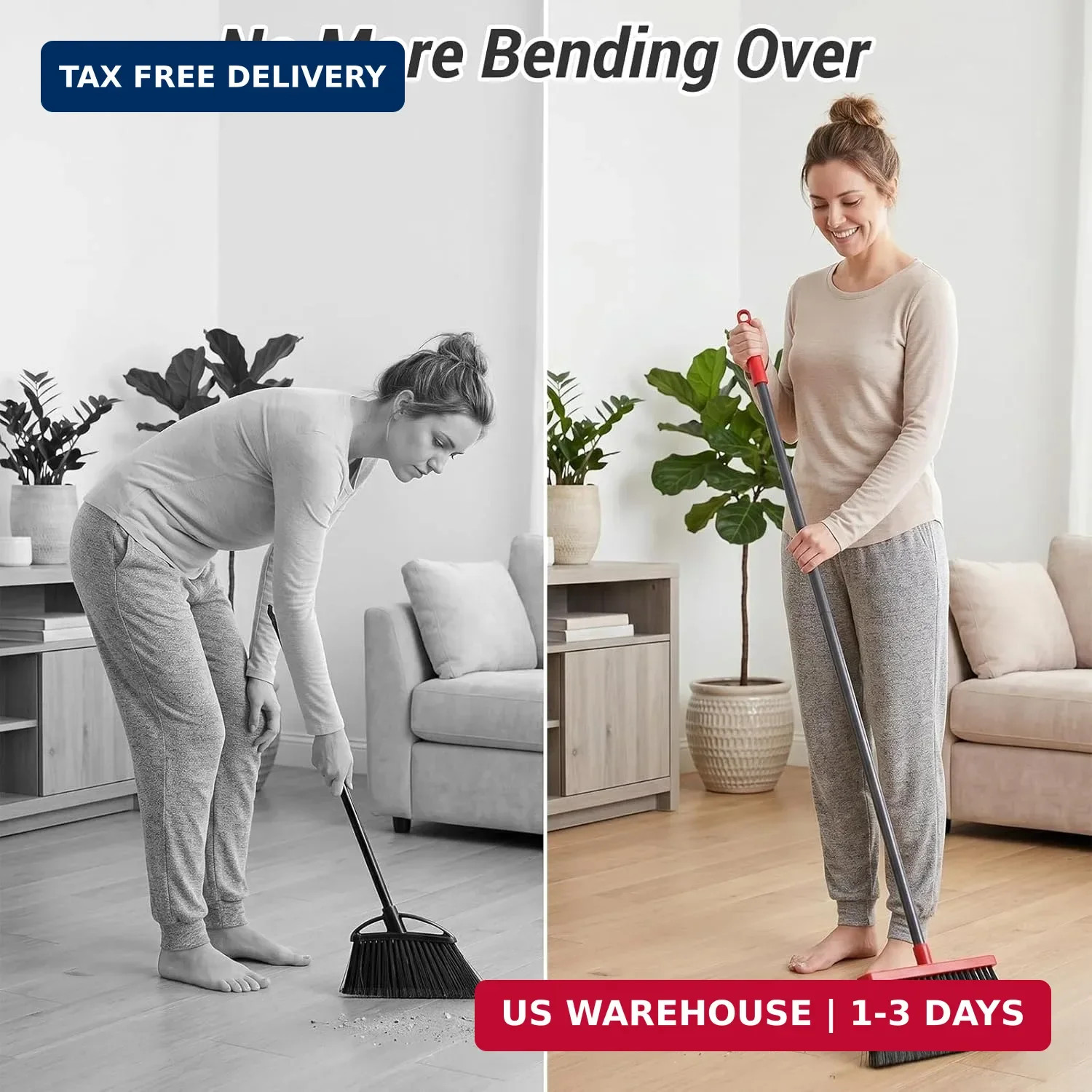 Broom with Dustpan Combo Set, Long Handle Upright Standing Self-Cleaning Broom a