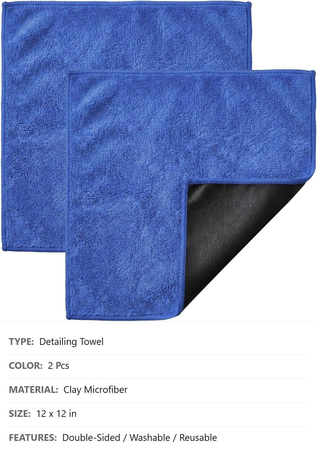 Clay Bar Detailing Towel, 2 Pc, 12 x 12 Inch, Microfiber Clay Cloth