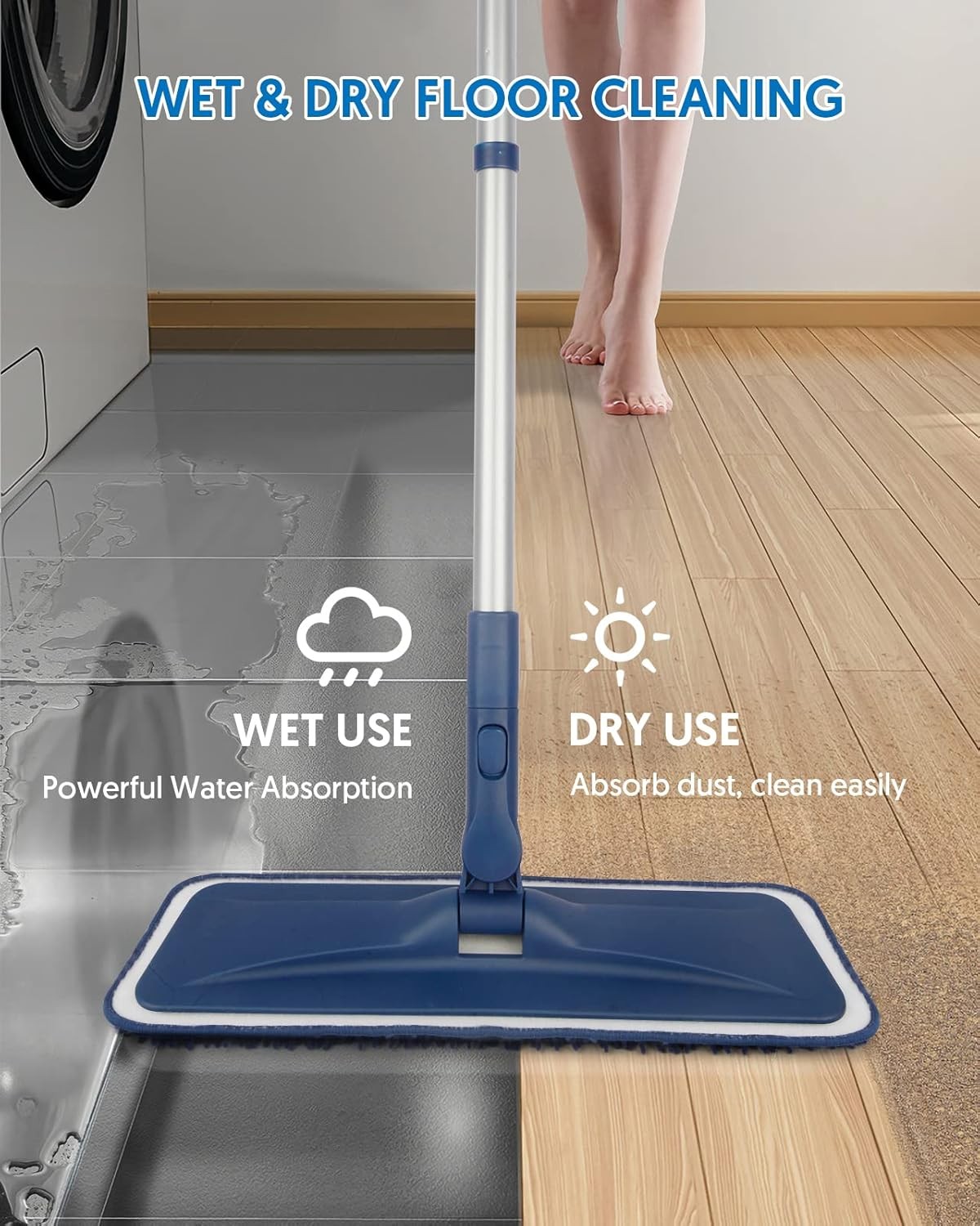 BPAWA Microfiber Flat Mop with 4 Reusable Pads for Hardwood Tile Vinyl Floor