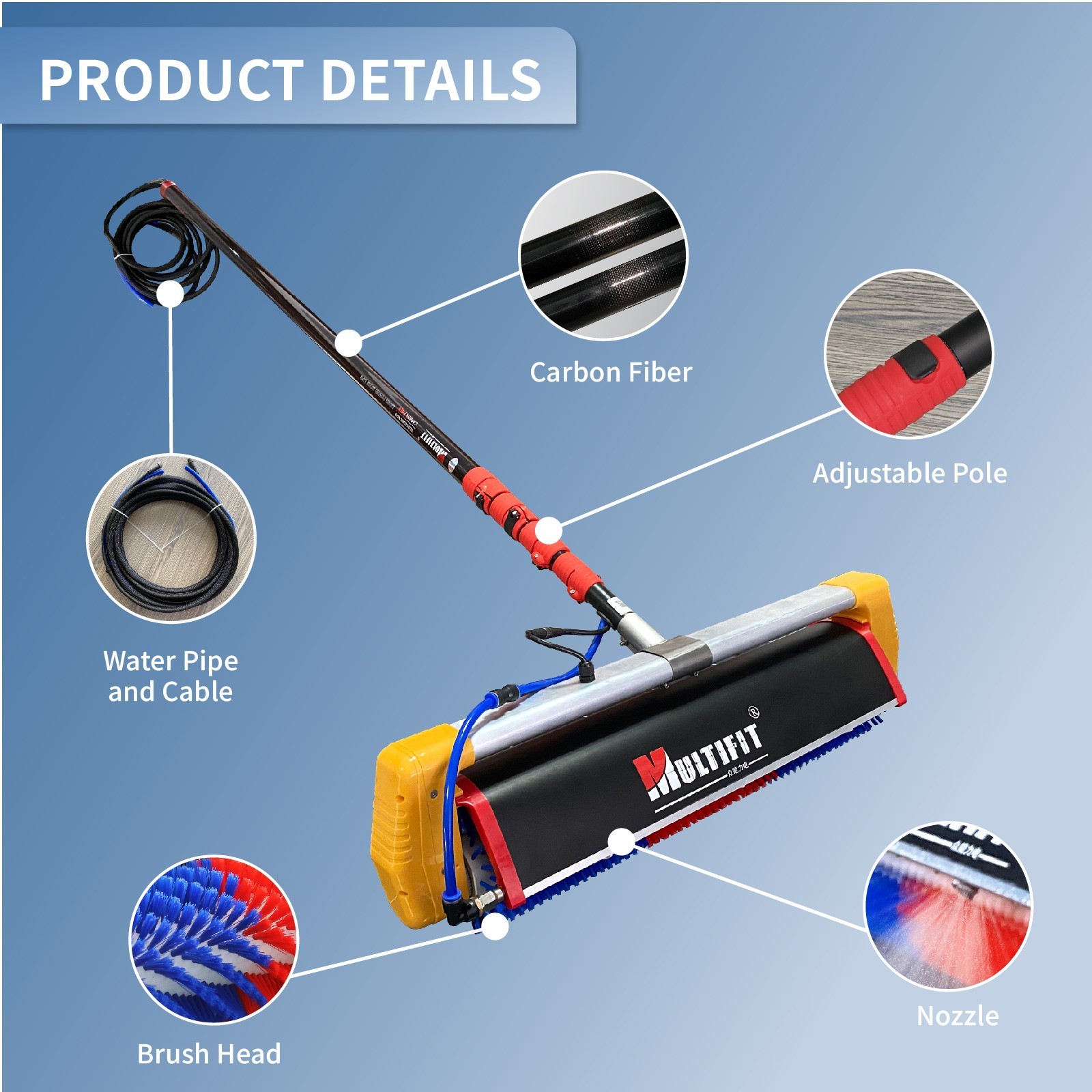 Solar Cleaning Roller Brush-18ft Water Fed Rod 360° forward and reverse rotation