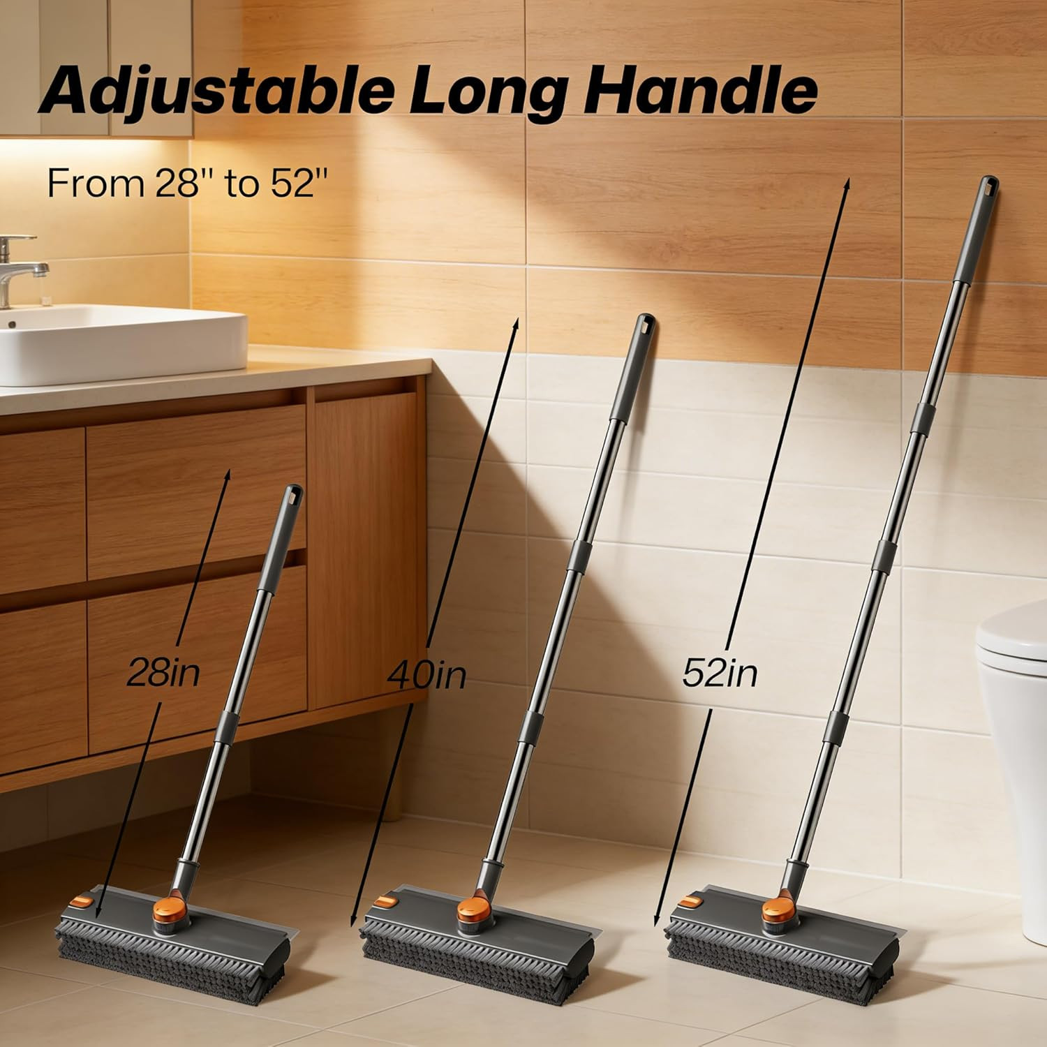 3-in-1 Floor Scrub Brush with Long Handle, Scrape and Heavy-Duty Stiff Bristle F