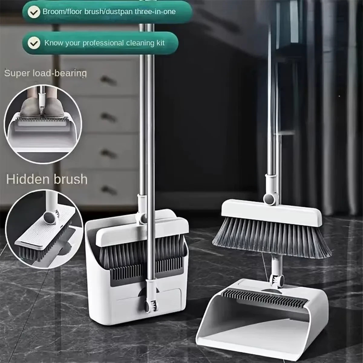 3-in-1 Foldable Broom Mop Dustpan Set Space Saving Cleaning Tool Home Office