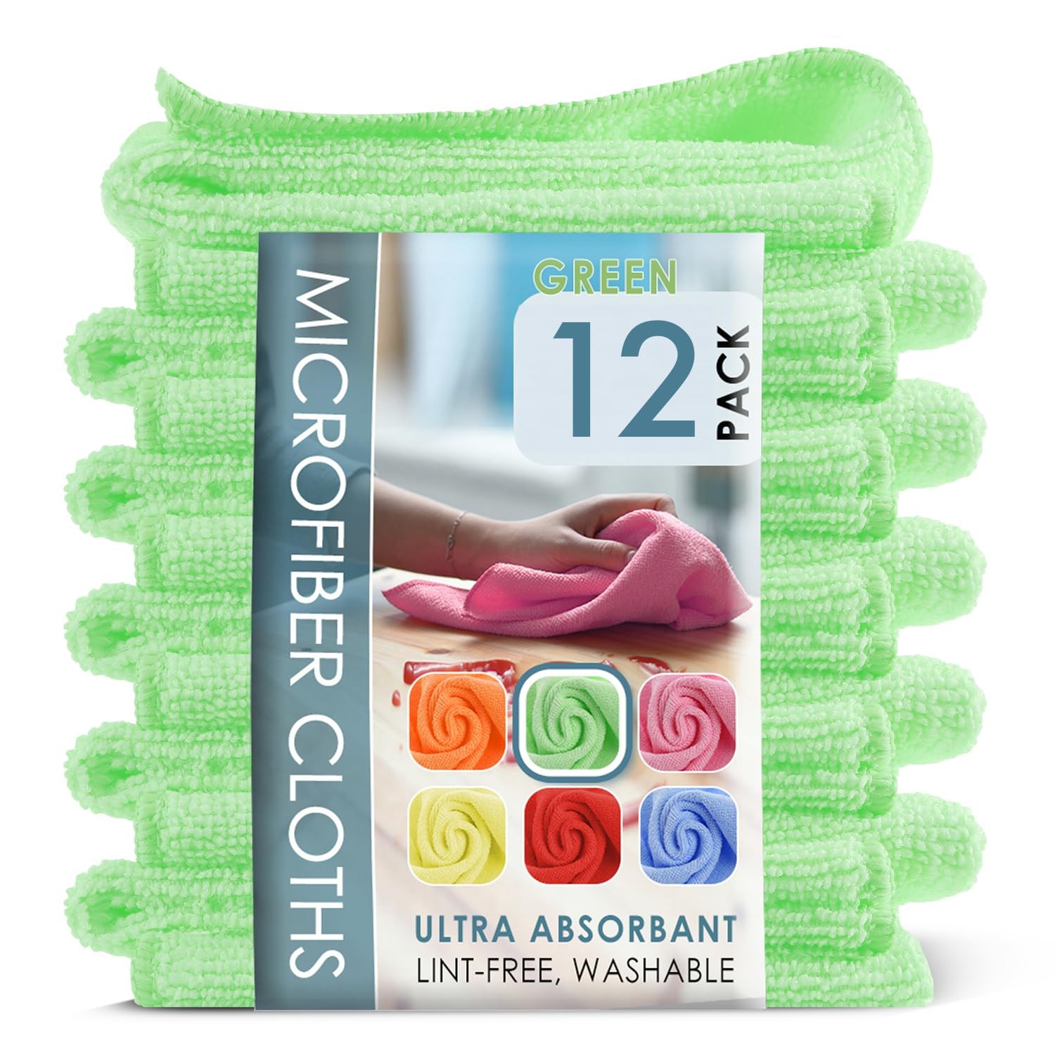 12 Pack Green Microfiber Cleaning Towels 12×12 Inch Soft Absorbent Home Offic…
